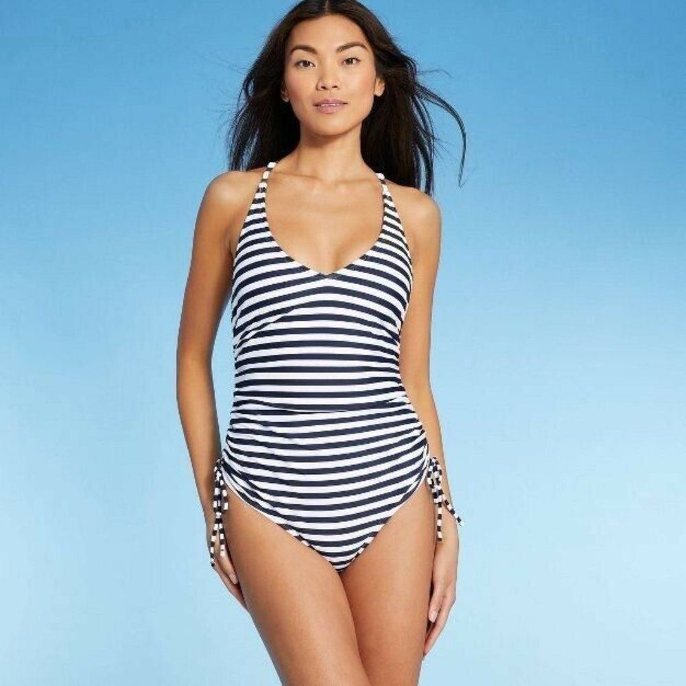 Kona Sol Medium side cinch High coverage one piece swimsuit Navy & white stripe